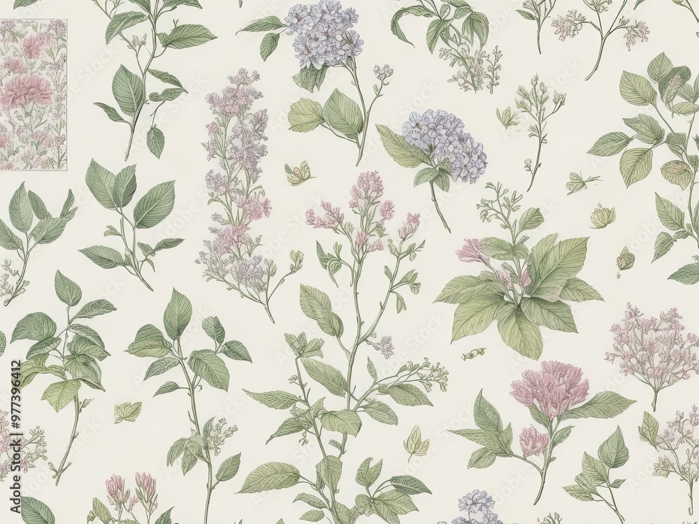 Aufkleber background with a seamless pattern that showcases a selection of old botanical drawings with softly 