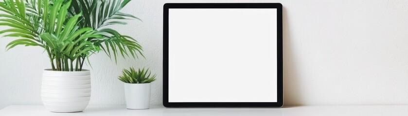 Obraz premium Modern tablet mockup on a white surface, minimalist design, magazine layout style, clean background