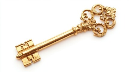 Ornate Golden Key with Intricate Engravings, Featuring a Shiny and Glimmering Texture. The Key is Centered on a White Background with Soft Shadows Enhancing Its Detailed Design, Ideal for Game Design 