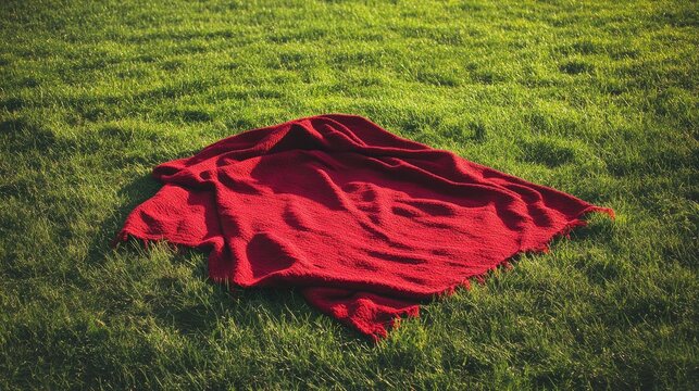 A red picnic blanket spread out on a grassy field