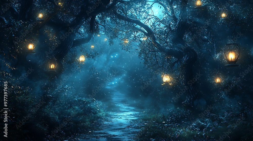 Poster an enchanting forest path glows softly under the light of lanterns, guiding the way through the magi