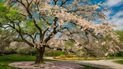 Obraz premium Spring backgroung flowering cherry flowers tree and leaves