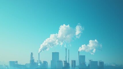 Fototapeta premium An industrial city skyline features smoke stacks emitting vapor under a clear blue sky, symbolizing manufacturing and industrial growth.