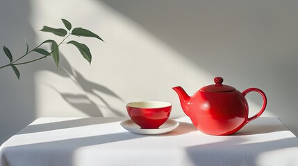A red teapot and teacup on a white tablecloth