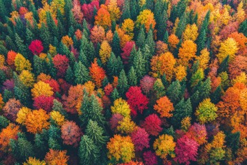 Aerial view of a colorful autumn forest in the mountains with vibrant red, orange, and yellow trees