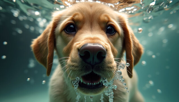 Sous l&rsquo;eau, un jeune labrador avance avec aisance, ses pattes brassent la surface dans une nage &eacute;nergique et joyeuse.