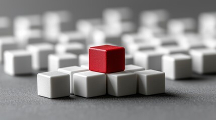 A single red cube stands out in a group of white cubes, symbolizing uniqueness, leadership, and individuality.