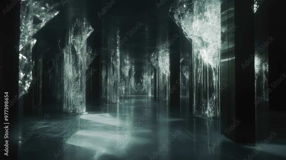 Poster floating glass-like structures casting soft, intricate reflections in a dark environment.