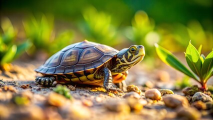 Fototapeta premium Image featuring a small turtle exploring its surroundings in a wildlife setting, with a bird in the background.