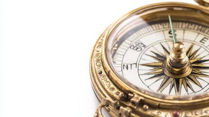 Vintage Brass Compass with Intricate Dials and a Glowing Needle, Positioned Prominently with Soft Reflections on a White Background. Ideal for Game Design or Adventure-Themed Concepts.