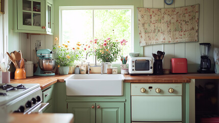 Fototapeta premium A bright cottage kitchen with vintage-style appliances, pastel green cabinets, fresh wildflowers, and a handmade quilt hanging in the background