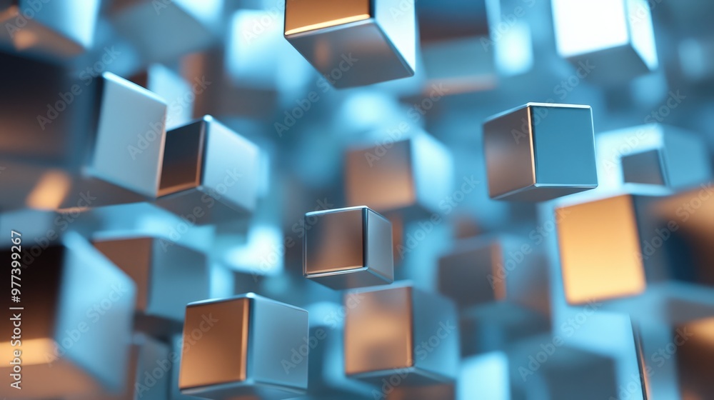 Poster floating metallic cubes in a 3d space, reflecting soft light on glossy surfaces.