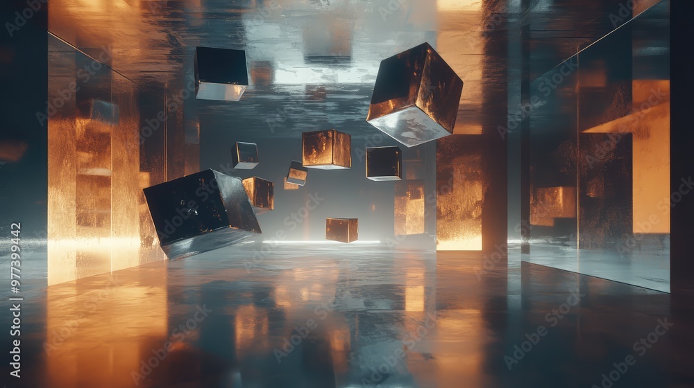 Poster floating metallic prisms casting intricate reflections in a dark, empty void.