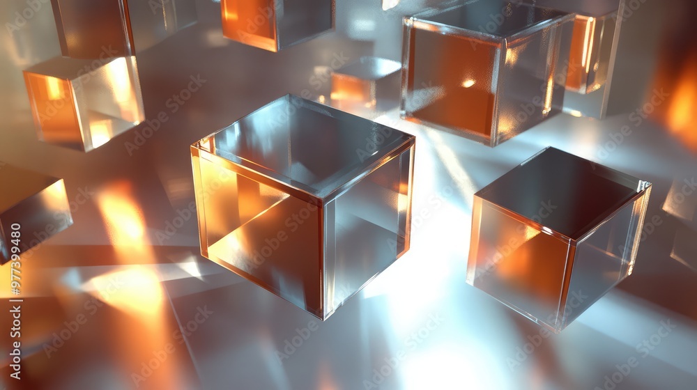 Poster floating metallic prisms reflecting light, casting intricate shadows and reflections.