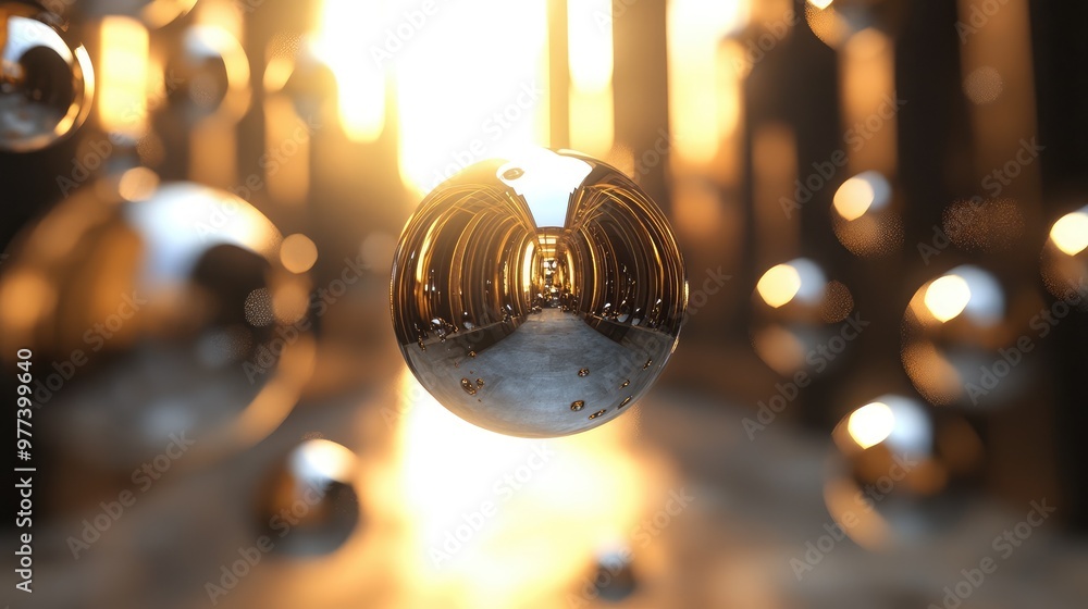 Poster floating metallic spheres of different sizes, creating dynamic reflections in 3d space.