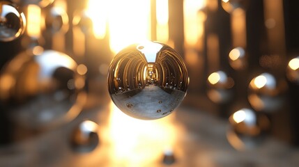 Floating metallic spheres of different sizes, creating dynamic reflections in 3D space.