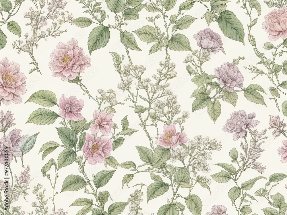 Poster background with a seamless pattern that showcases a selection of old botanical drawings with softly 