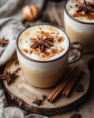 Cozy pumpkin latte garnished with cinnamon and anise in a serene autumn setting