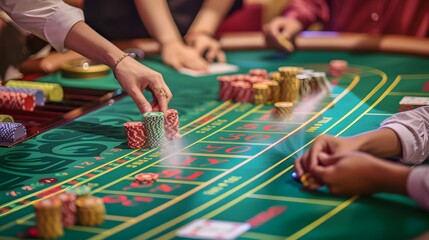 Obraz premium Placing Chips on Baccarat Table: Hands placing chips on a baccarat table, cards dealt and bets being placed. 