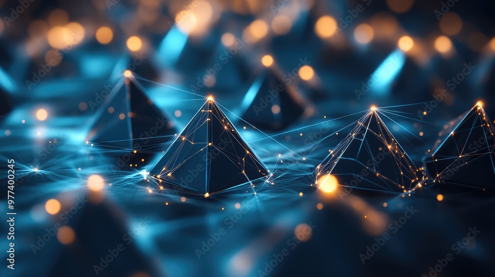 Poster metallic 3d pyramids floating above each other, connected by thin glowing lines.