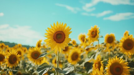 Fototapeta premium A vibrant field of sunflowers swaying in the breeze under a clear blue sky. -