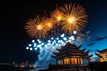 Fototapeta premium A grand fireworks display above a Chinese temple, filling the sky with brilliant colors and smoke