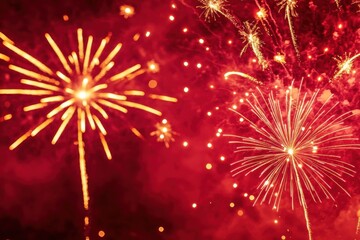 Fototapeta premium Stunning fireworks display on a red horizon, commemorating the lunar new year joy
