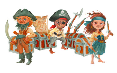Horizontal composition of pirate children and corsairs accessories. Cartoon freebooter characters and objects. Isolated hand drawn simple border, header banner or frame for poster, invitation or card