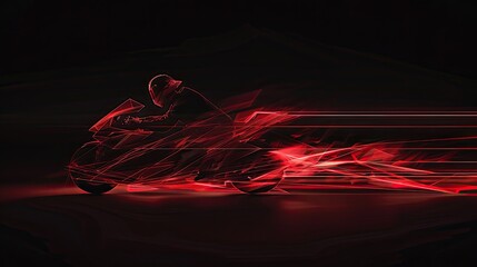 Dynamic Red Streak of Speed: Abstract representation of a MotoGP motorcycle racing towards triumph, leaving a trail of motion on black background.