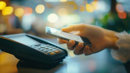 Person using a smartphone for contactless payment at a café table