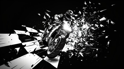 Dynamic Explosion of Checkered Flag with Motorcycle Silhouettes Celebrating Finish Line