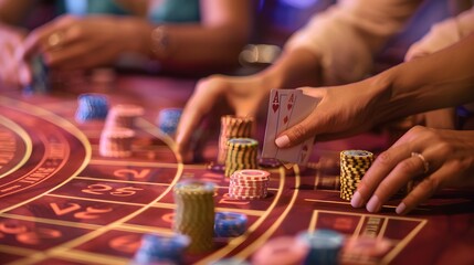Placing Chips on Baccarat Table: Hands placing chips on a baccarat table, cards dealt and bets being placed.
