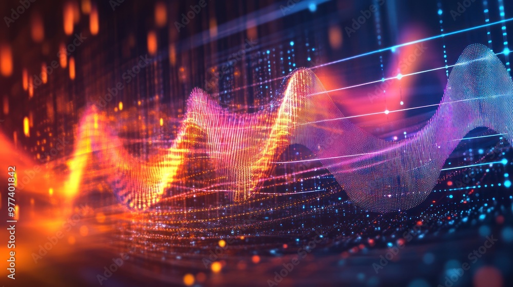 Poster technology digital wave background with stunning motion waving dots texture and glowing defocused pa
