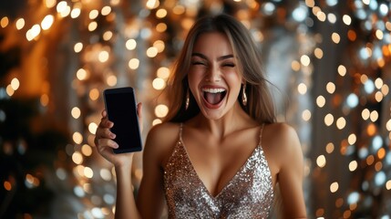Young woman joyfully holding a smartphone against a festive backdrop