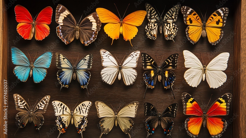 Poster a collection of preserved butterflies displayed in a shadow box or frame, showcasing their intricate