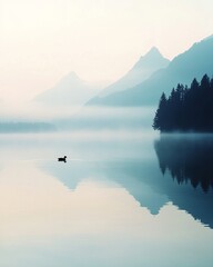 Ethereal morning reflection of mountains and trees on a calm lake with a swimming duck