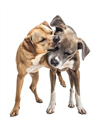 Obraz premium Dog friendship, two dogs playing together, white background, isolate