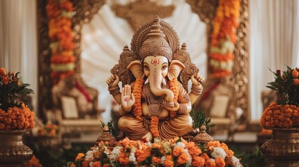 Fototapeta premium Ganesha idol with a backdrop of a traditional Indian wedding