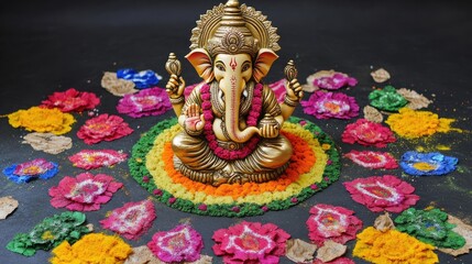 Ganesha idol with colorful rangoli art around it