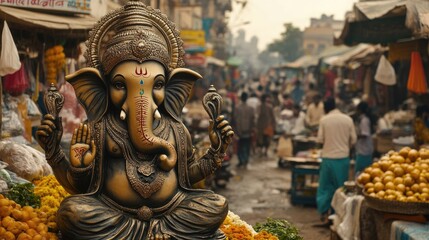Fototapeta premium Ganesha statue with a backdrop of a bustling Indian market