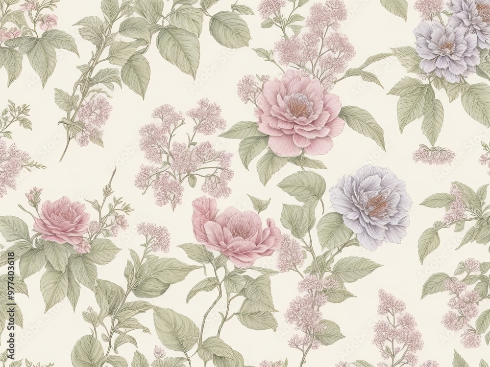 Poster background with a seamless pattern that showcases a selection of old botanical drawings with softly 