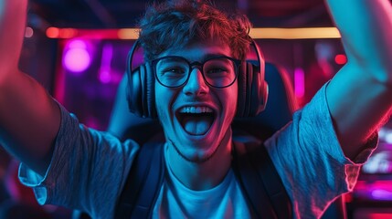 captivating scene of a young pro gamer celebrating success in his gaming setup, embodying the excitement and community of competitive gaming