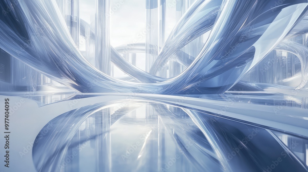 Poster abstract glass structures twisting and reflecting light in a futuristic, weightless space.