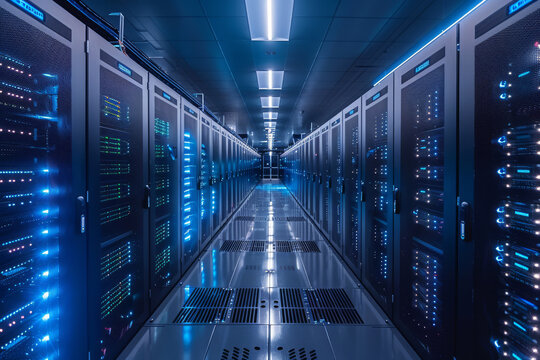 Rows of interconnected servers shine with vibrant blue lights in a sleek, modern data center, showcasing advanced technology and the future of computing power and connectivity
