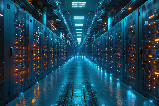 Rows of sleek servers pulsate with vibrant lights in a cutting-edge data center, showcasing advanced technology and interconnected computing power, designed for optimal data processing