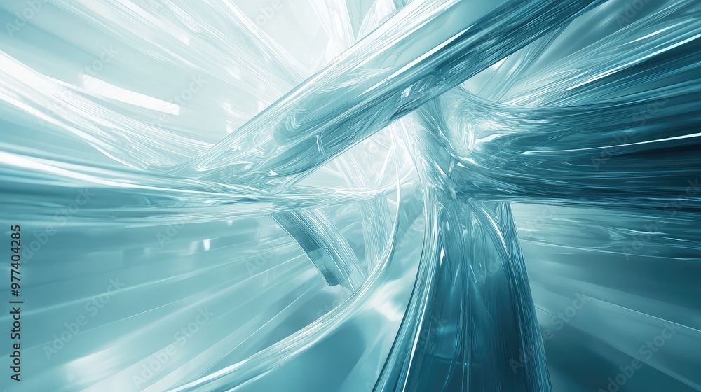 Poster abstract glass structures twisting and reflecting light in a futuristic, weightless space.
