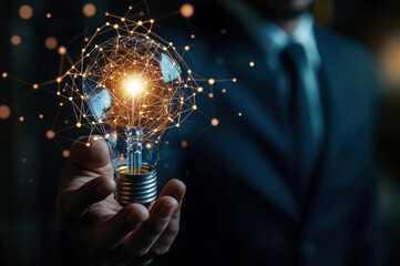 Businessman holding light bulb connected with network concept for idea innovation and inspiration