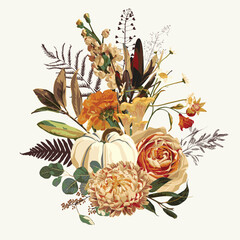 Autumn flowers dahlia, lilies roses, herbs, pumpkin, mushrooms and berries composition. Happy thanksgiving day.