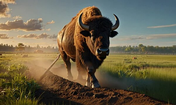 Plowing rice fields with traditional techniques relying on buffaloes