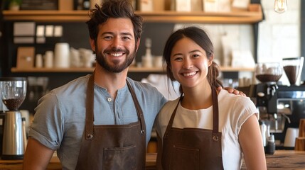 cheerful scene of a smiling man and woman in aprons at a coffee shop, showcasing teamwork and engagement in a vibrant atmosphere